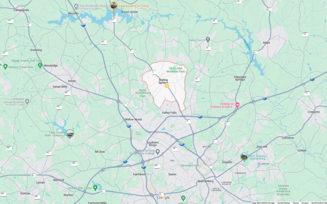 Map of Boiling Springs SC in Spartanburg County South Carolina 29316