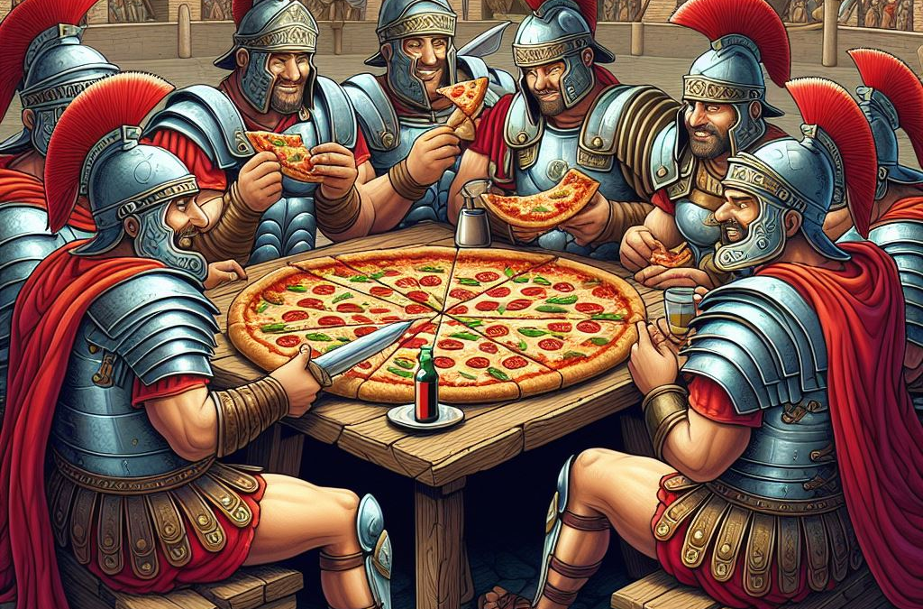 Gladiators Eating Pizza In the Colosseum in Rome Italy